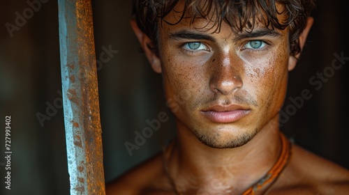 a close up of a shirtless man with blue eyes holding a large metal object in his hand and looking at the camera. photo