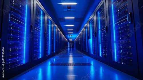 High-tech server room in data center with blue lighting for secure data storage