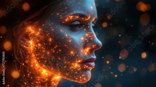 a close up of a woman's face with a lot of gold stars on her face and a blue background.