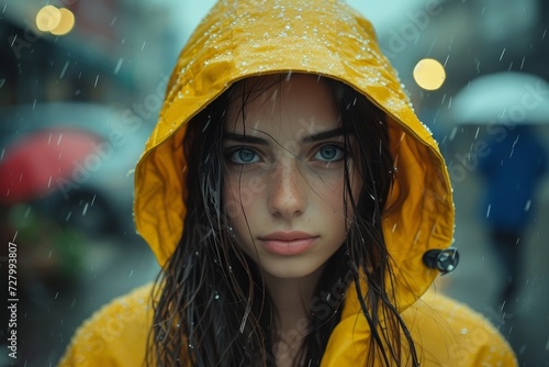 A fashionable woman braves the rain in her yellow raincoat, showcasing both practicality and style in her outdoor portrait photo