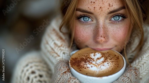 a woman drinking a cup of cappuccino with a heart drawn on the cappuccino in front of her face. photo