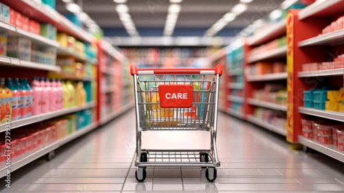 a well-stocked shopping cart in the middle of a supermarket aisle, filled with various groceries. The shelves in the background are neatly organized with an array of products. © Mariyka LnT
