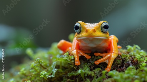 a close up of a frog on a mossy surface with eyes on the top of the frog's head.