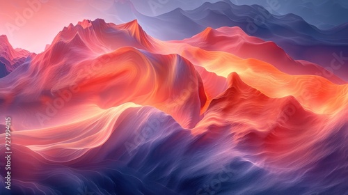 a digital painting of a mountain range with a red and blue background and a pink foreground.
