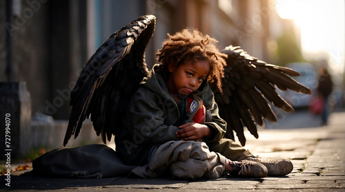 Homeless child with angel wings sitting on the ground in an urban environment at sunset. The background consists of city buildings and a street illuminated by the soft light of sunset. photo