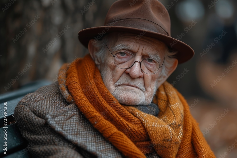 A wise senior citizen braves the winter chill, adorned in a stylish hat and scarf, his face weathered with wrinkles and framed by a pair of glasses A wise senior citizen braves the winter chill, adorned in a stylish hat and scarf, his face weathered with wrinkles and framed by a pair of glasses