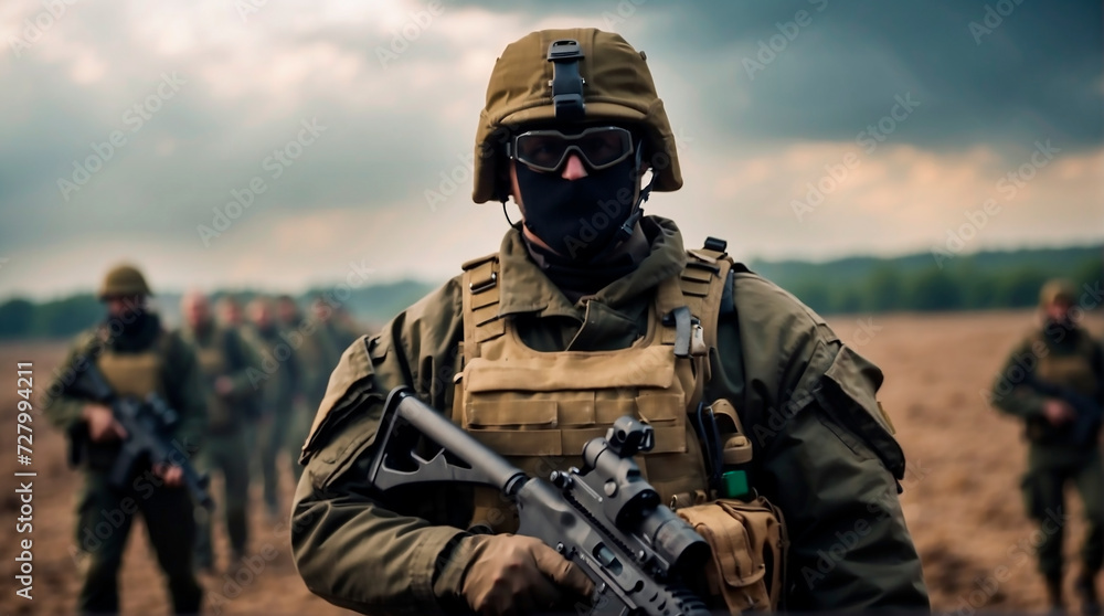 A military man in full uniform, with weapons in his hands on the battlefield. Vector graphics - obrazy, fototapety, plakaty 