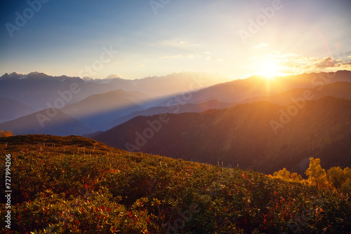 A splendid view of the mountain area in the morning light. Zemo Svaneti, Georgia, Main Caucasian ridge.