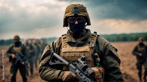 A military man in full uniform, with weapons in his hands on the battlefield. Vector graphics photo