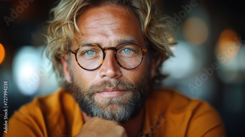 a close up of a man with glasses and a beard wearing a yellow shirt and looking at the camera with a serious look on his face. photo