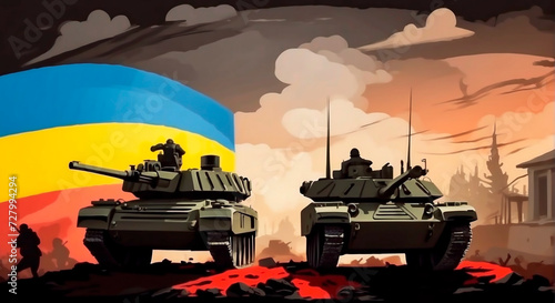 War in Ukraine, military and explosions. Vector graphics