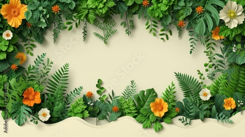 an arrangement of green leaves and flowers on a beige background a text or an image the text.
