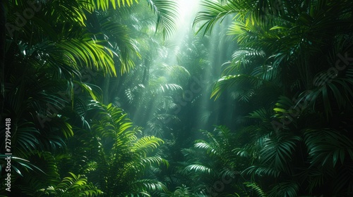 a forest filled with green plants and sunlight shining through the leaves of the tree's branches. © Jevjenijs