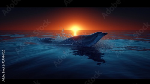 a dolphin jumping out of at sunset with the sun setting background and splashing foreground. © Jevjenijs