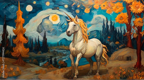 Unicorn in a colorful world, watercolor painting. Van Gogh-inspired