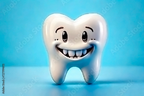 A cheerful cartoon tooth 3D with a big smile and sparkling eyes, set against a vibrant blue background. Ideal for dental care and oral hygiene advertisements or educational materials.