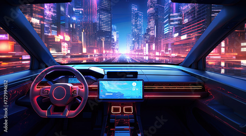 Furutistic car dashboard in the neon city.Synthwave or cyberpunk automobile control panel © swillklitch
