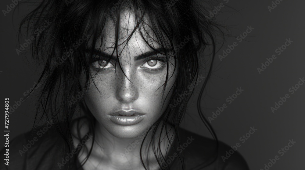 a black and white photo of a woman's face with frecks of hair blowing in the wind. a black and white photo of a woman's face with frecks of hair blowing in the wind.
