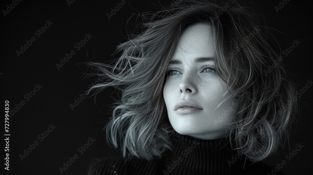 and white photo of a woman with her hair blowing in the wind in a dark room with background.