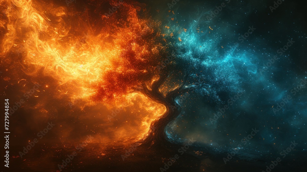 a painting tree middle field of fire and blue and orange smoke with a dark sky background.