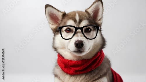 a little husky dog ​​wearing stylish red plastic glasses on white background.