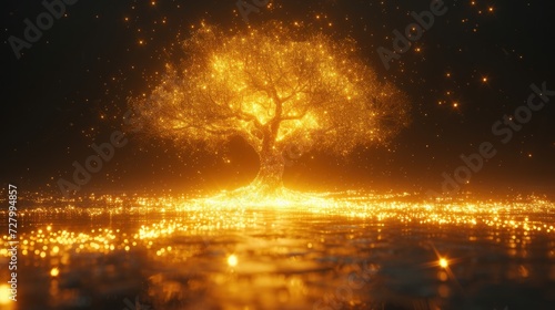 a tree middle of a body of water with a lot of stars sky above it at night.