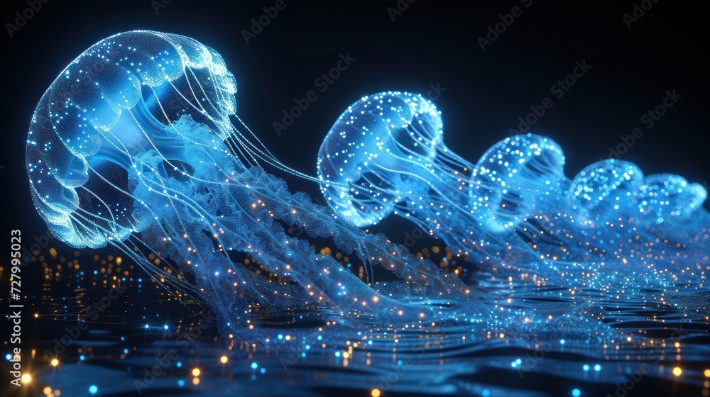a group of jellyfish floating on top body of water in front black background with blue lights. - obrazy, fototapety, plakaty 