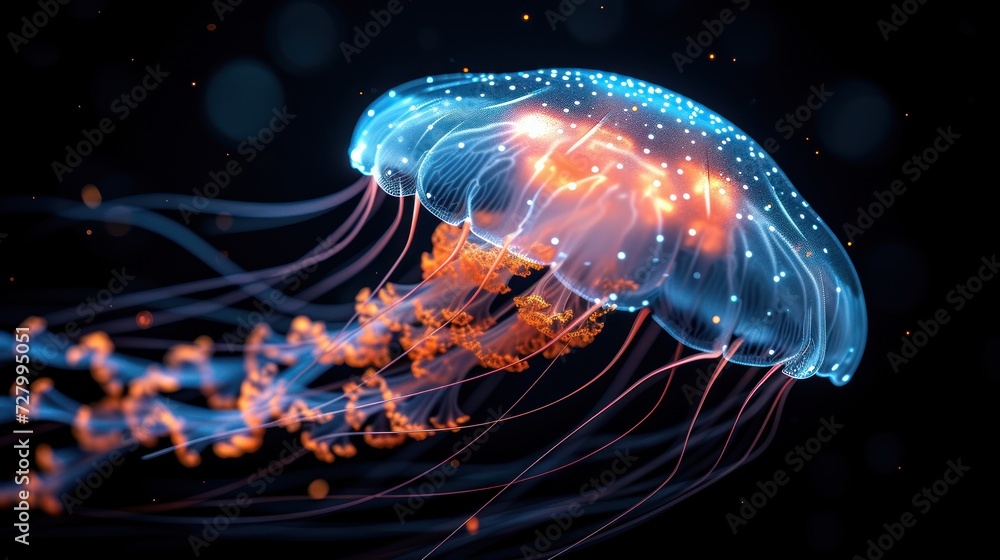 a close up of a jellyfish floating in the water with a lot of lights on it's head.