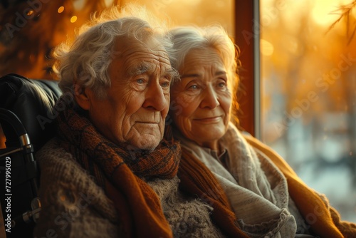 An elderly couple share a lifetime of love and memories as they sit side by side, their faces etched with the beauty of age and experience, their clothing a reflection of a life well-lived © Larisa AI