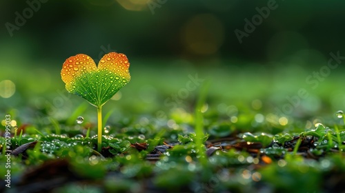 a close up of a small green plant with drops of water on it's leaves and on the ground. photo