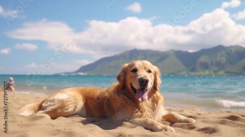 Golden Retriever Enjoying a Summer Adventure. Golden retriever sitting on the sand beach.