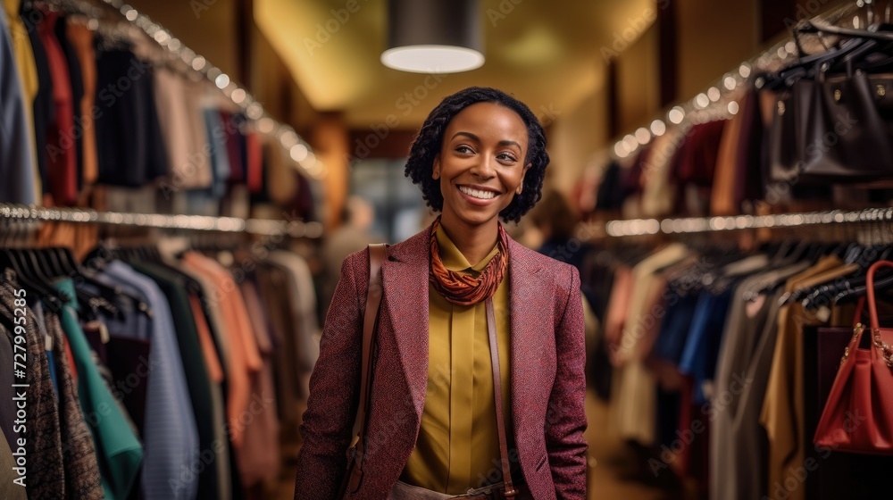 Happy young woman buying new clothes in store. Sale shopping fashion and people concept Happy young woman buying new clothes in store. Sale shopping fashion and people concept