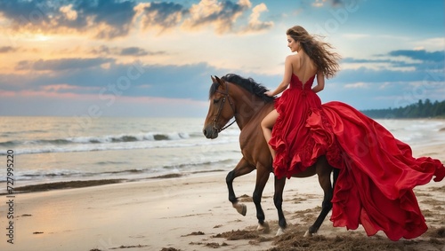 Back of Romantic woman wearing red long frock bareback riding unicorn on beach