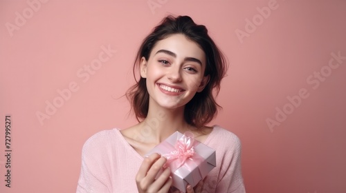 Holidays, celebration and women concept. Portrait of happy charismatic girl holding gift box wondering whats inside as celebrating birthday, presents, pink background