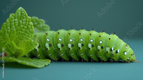 a green caterpillar sitting on top of a leaf next to a sprout of leafy green leaves. photo