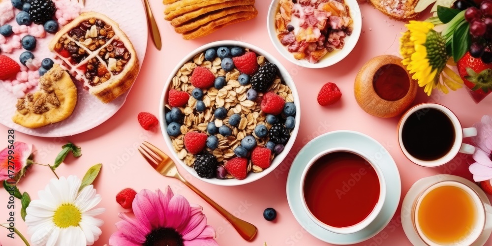 Healthy breakfast set with coffee and granola. Overhead view, copy space, pink background. Healthy breakfast set with coffee and granola. Overhead view, copy space, pink background.