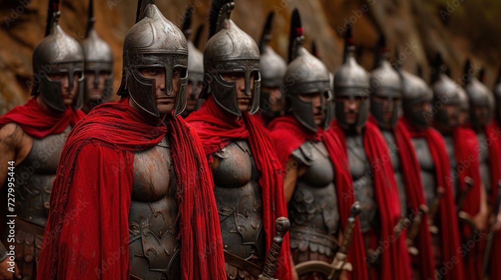 a group of men in armor standing next to each other with heads and shoulders. a group of men in armor standing next to each other with heads and shoulders.