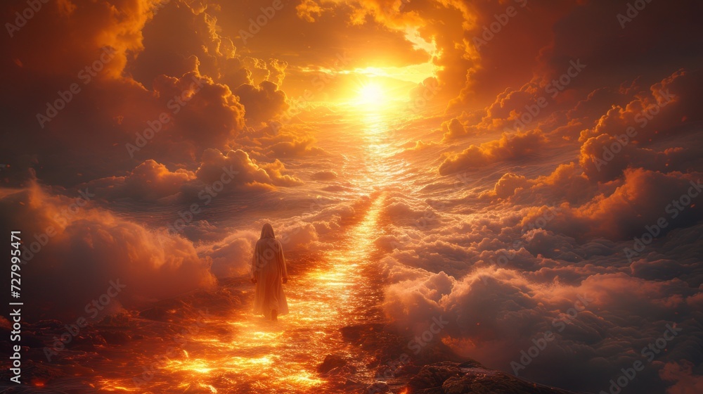 a person standing a sea of clouds with a bright sun the sky. a person standing a sea of clouds with a bright sun the sky.