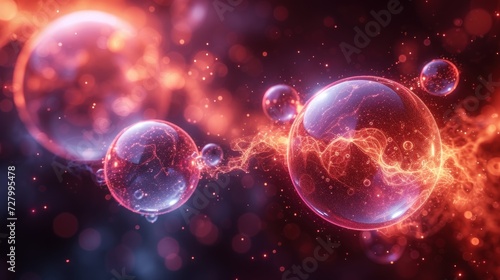 a group of bubbles floating on top of each other in front of an orange and blue sky filled with stars.