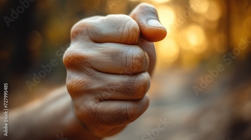 a close up of a person's hand holding something in the air with a blurry background of trees. photo