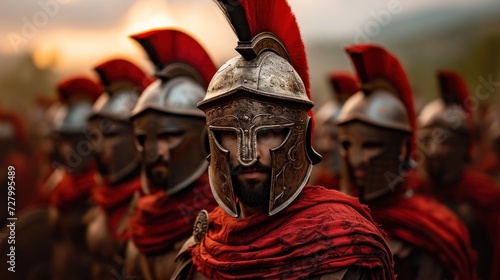 a group of men in roman armor with red capes and red headscarves, all wearing red scarves.