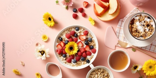 Healthy breakfast set with coffee and granola. Overhead view, copy space, pink background.