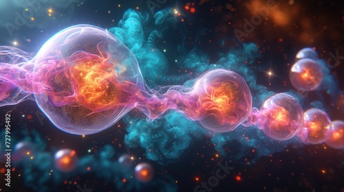 a computer generated image of a group of spheres in a space filled with fire and smoke and surrounded by stars and dust. © Jevjenijs