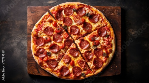 Tasty pepperoni pizza on black wood background. Top view of hot pepperoni pizza. 