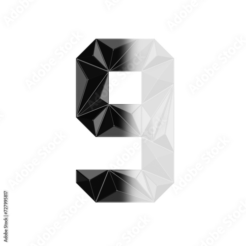 Low Poly 3D Number 9 in Black & White Vertical
