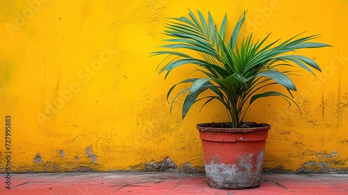 a potted plant sitting in front of a yellow wall with a red and white stripe on the bottom of the pot. photo