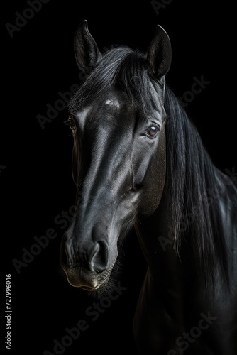 Portrait of the black horse on the black background © Boris