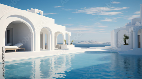 Hotel pool in the sunny day with blue water and white buildings. Resort architecture with swimming pool