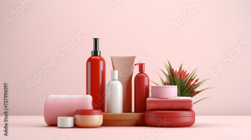 Assortment of Elegant Pink and White Bath Accessories and Cosmetics on a Tiled Surface with Fresh Flowers