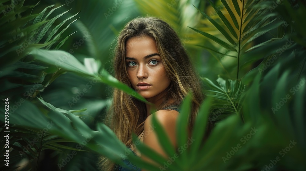 Beautiful girl posing with tropical leaves Beautiful girl posing with tropical leaves
